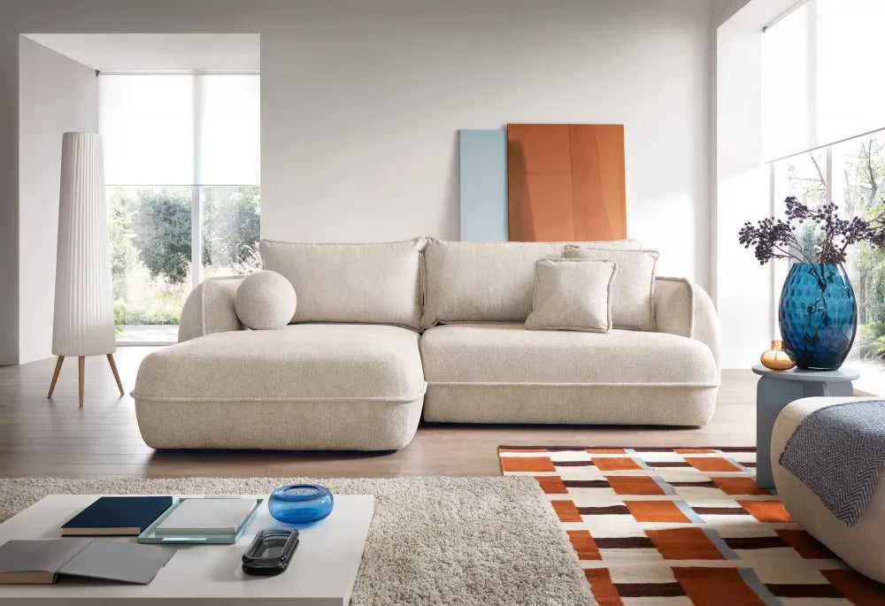 Coltar extensibil cu spatiu depozitare din Stofa Crem Visby