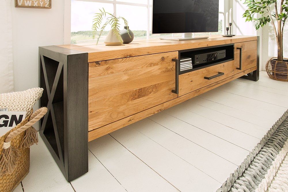 Comoda TV din Lemn masiv de stejar si Metal Maro/ Negru Thor L200xH50cm