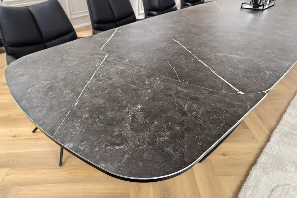 Masa din Sticla securizata/Ceramica Gri cu efect de marmura si Metal Negru L180-220-260xH76cm Papillon