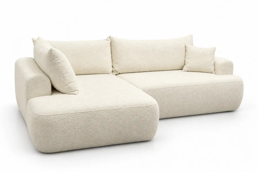 Coltar extensibil boucle alb cu lada depozitare Nubio L262x178cm