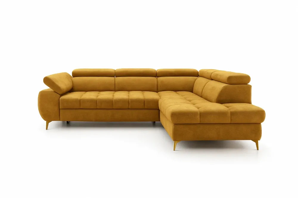 Coltar extensibil si spatiu depozitare din catifea galben Ferruce II L272 x 202cm