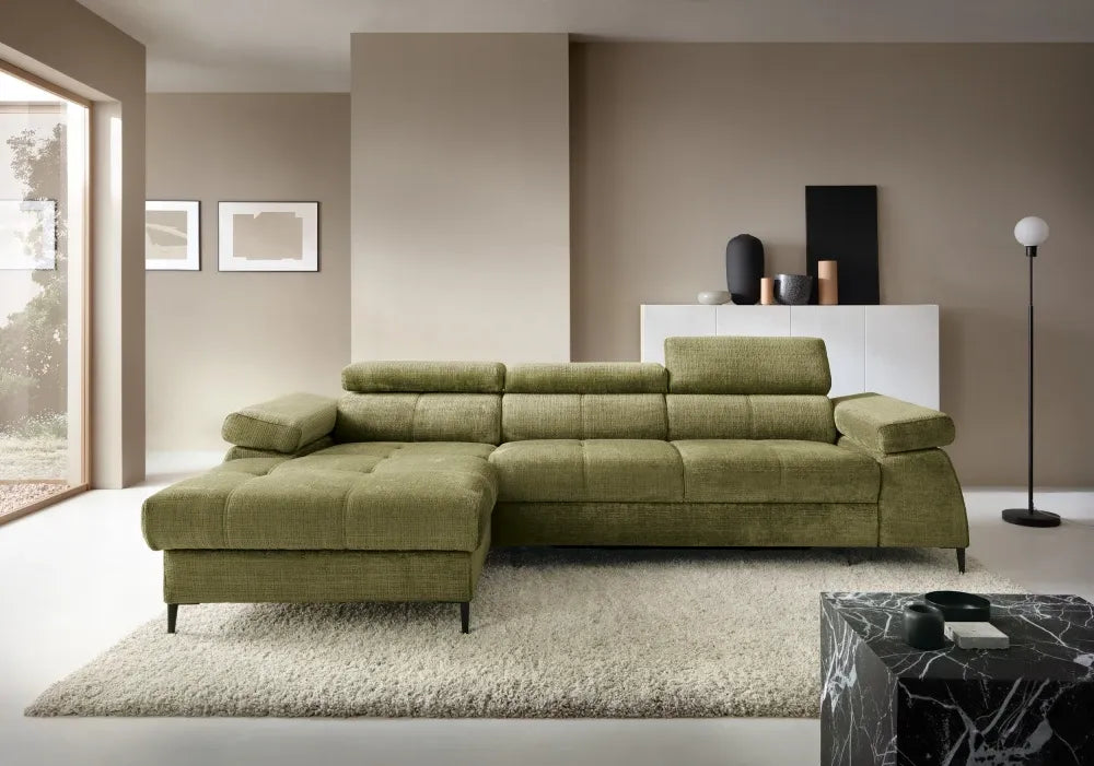 Coltar extensibil tapitat cu Chenille Verde cu lada depozitare Cordoba I