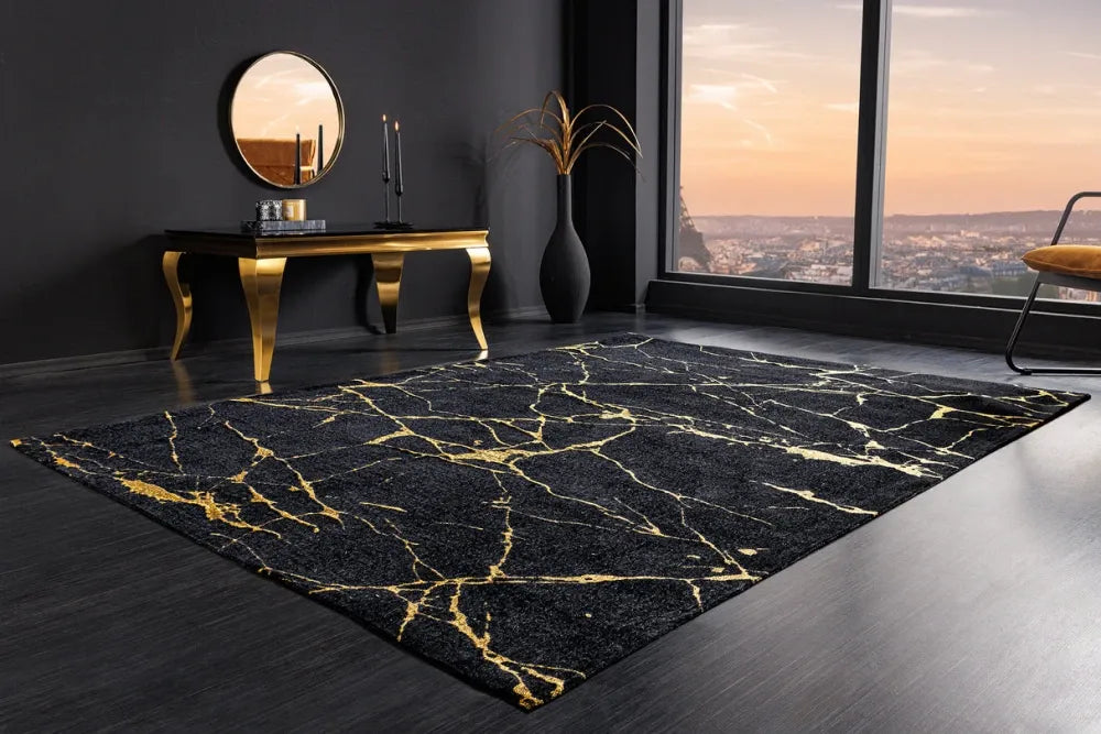Covor din Poliester Negru/Auriu L240cm Marble