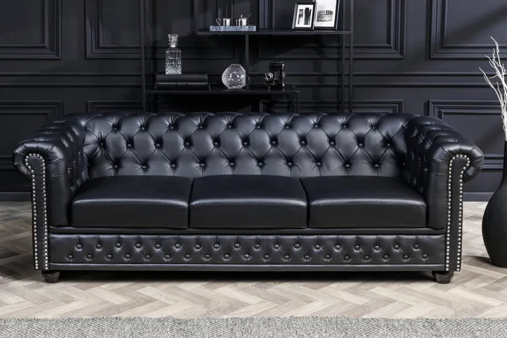 Canapea 3 locuri tapitat cu Piele artificiala Negru L205cm Chesterfield