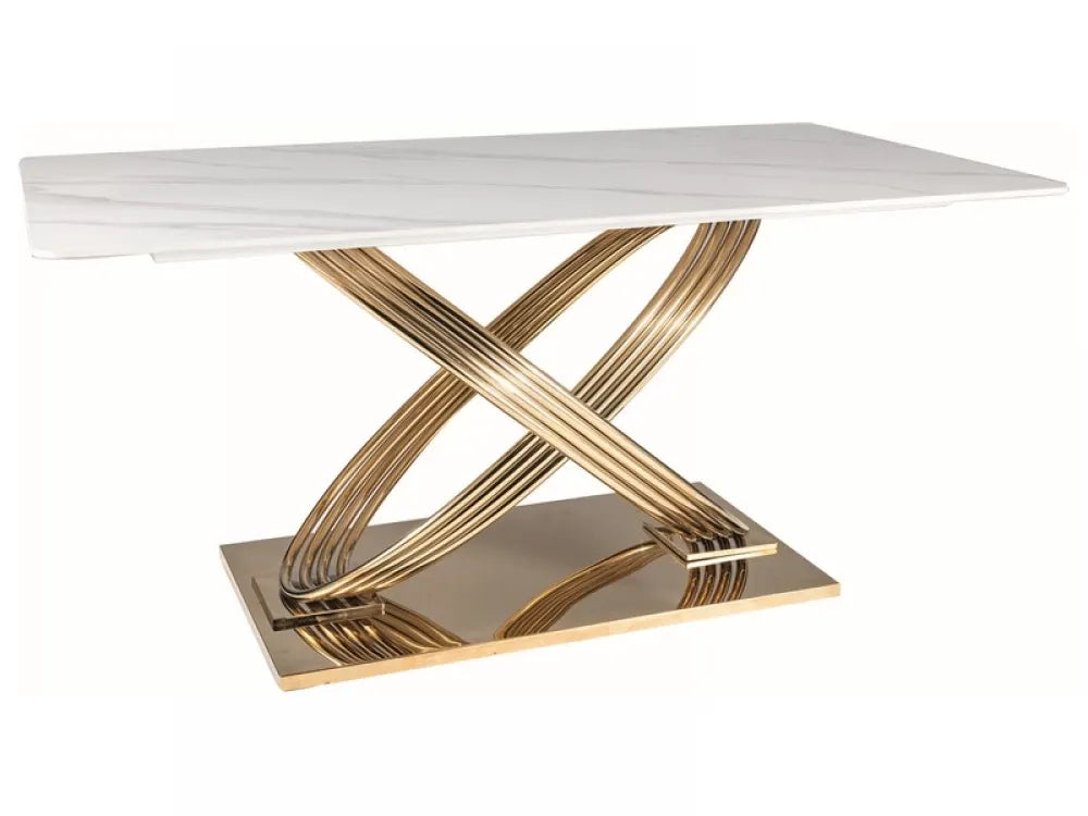 Masa cu blat din Ceramica cu efect de marmura Alb cu baza din Otel inoxidabil Auriu L160x75cm Hermes