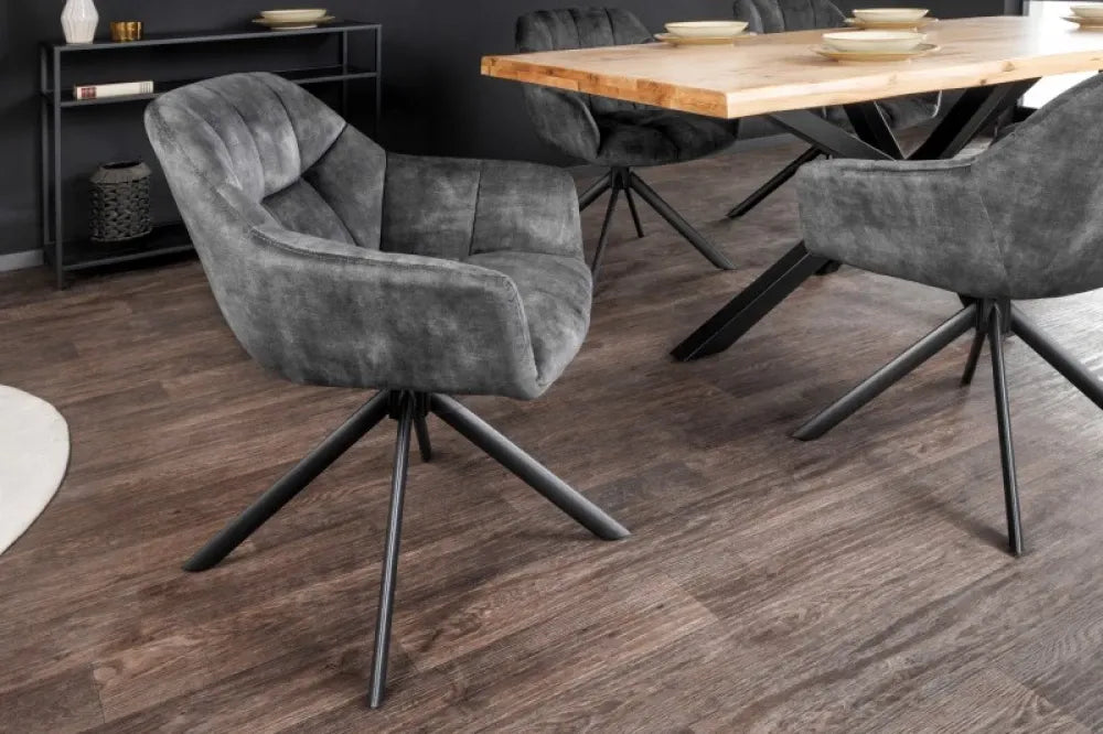 Scaun pivotant tapitat cu Catifea Gri deschis cu picioare din Metal Negru H83xL65xA66cm Papillon
