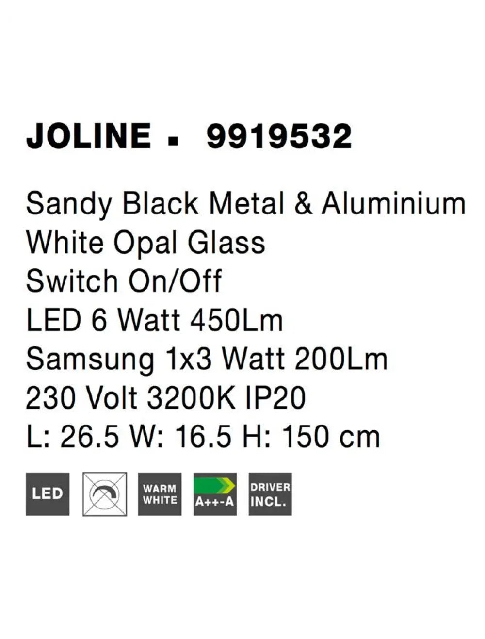 Lampa de podea structura din Metal Negru si abajur din Sticla Alb H150xL26.5cm IP20 9W 650lm 3200k JOLINE