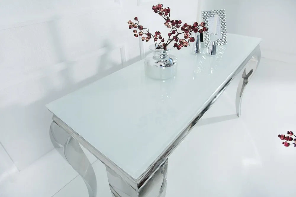 Consola din Sticla securizata Alb si Metal Argintiu L140xH75cm MODERN BAROCK