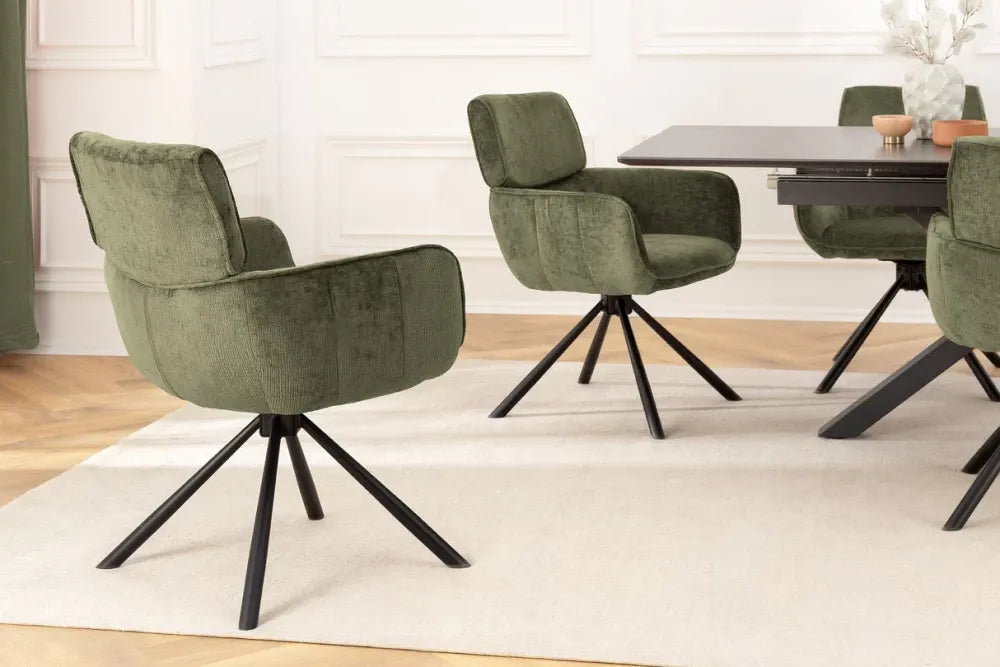 Set 2 scaune rotative cu brate  tapitat cu Chenille Verde si picioare din Metal Negru H84xL61xA64cm Unique
