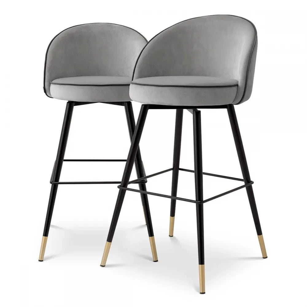 Set 2 scaune de bar pivotante tapitat cu Catifea Gri deschis cu picioare din Metal Negru/Auriu H103xL50xA55cm Cooper Eichholtz