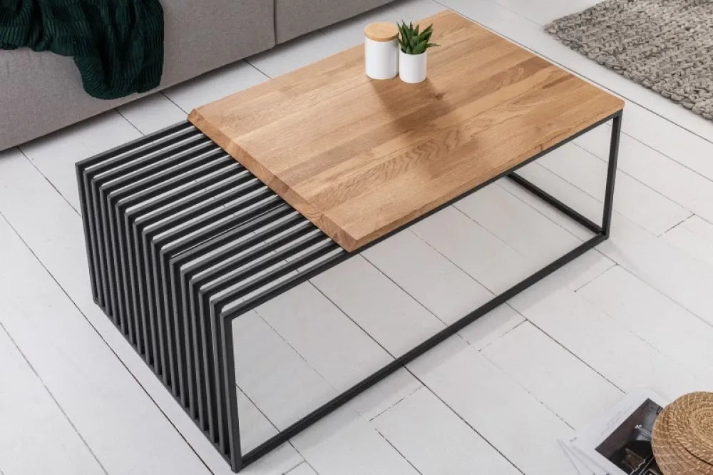 Masuta de cafea Dreptunghiulara din Lemn masiv de stejar Maro si Metal Negru L100xH40cm Architecture