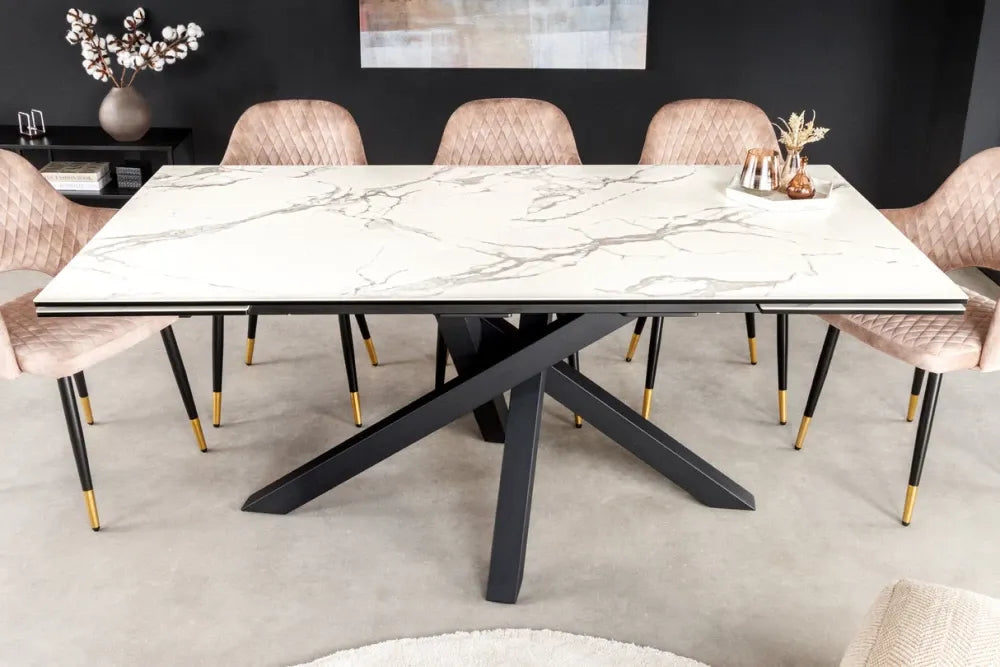 Masa din Sticla securizata/Ceramica Alb cu efect de marmura si Metal Negru L180-220-260xH76cm Marvelous