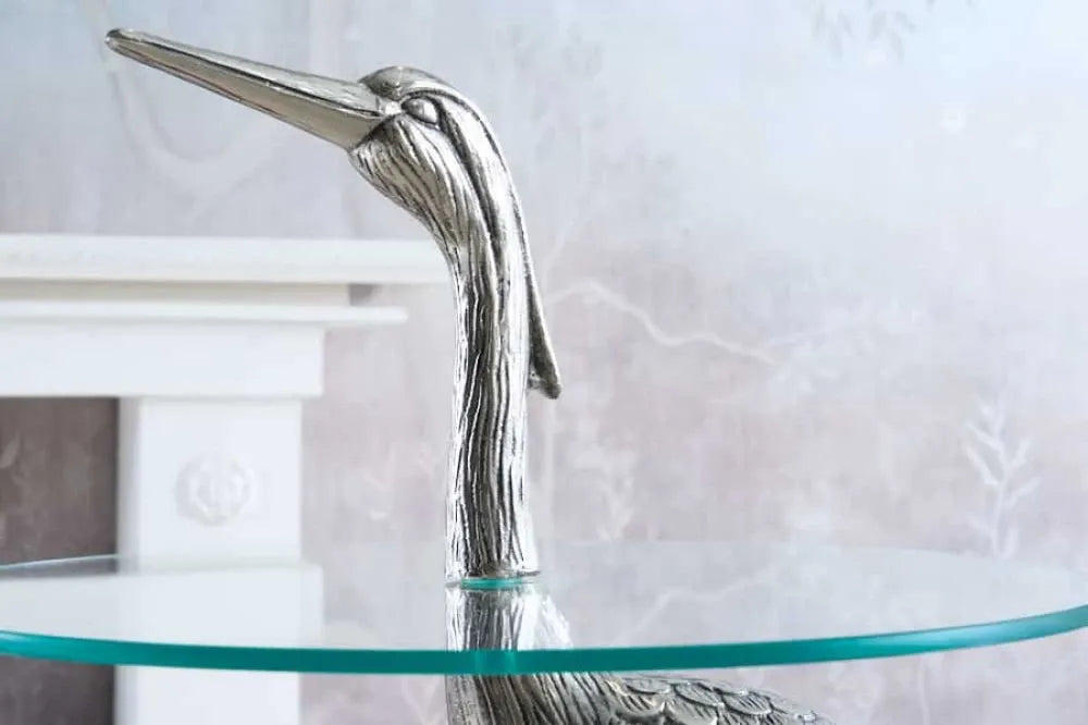 Masuta laterala din Sticla securizata Transparent si Metal Argintiu L50xH88cm Wildlife heron