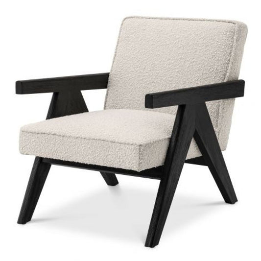 Fotoliu tapitat cu Boucle Crem cu baza din Lemn masiv de stejar Negru H68xL59xA82cm Greta