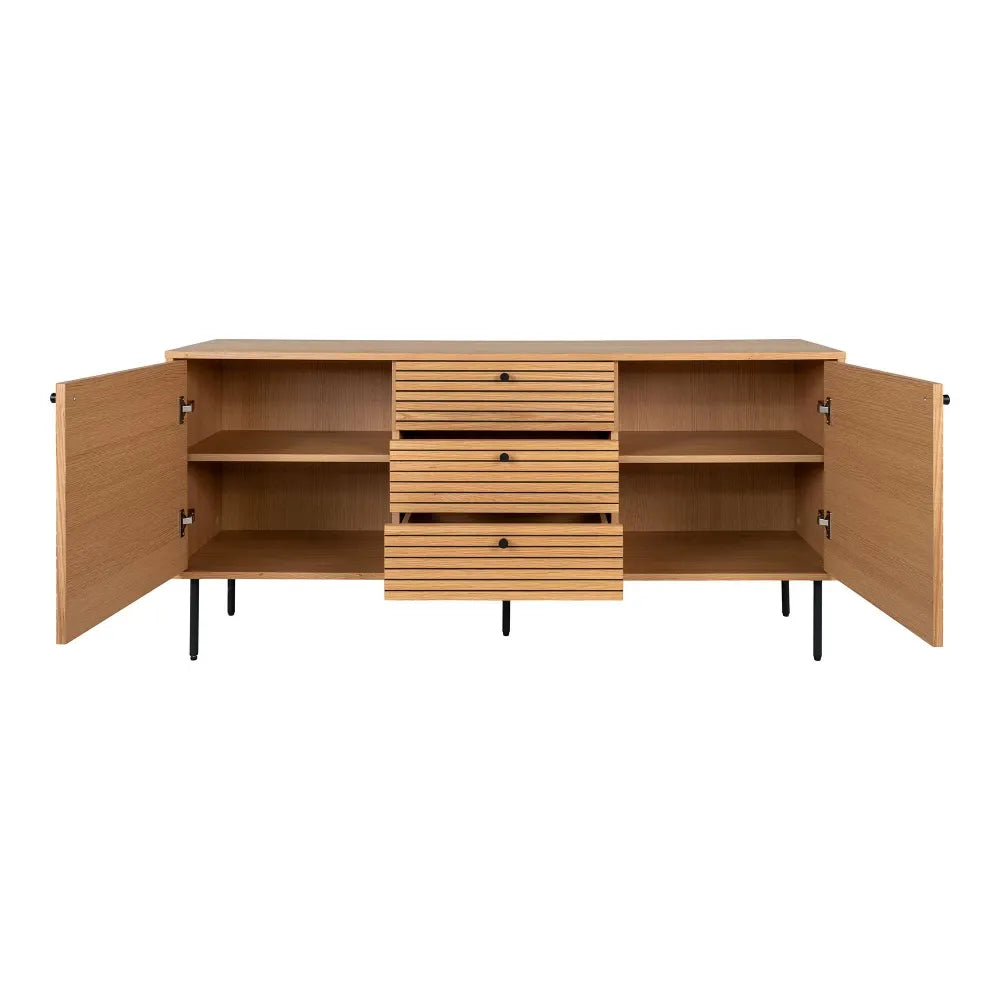 Comoda 3 setare 2 usi din Furnir de stejar/MDF Maro si Metal Negru L150xH74cm Kyoto