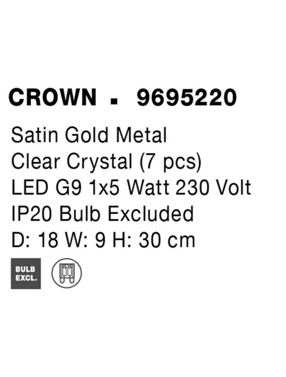 Aplica de perete structura din Metal Auriu si abajur din Cristal Transparent H30xL18cm IP20 CROWN