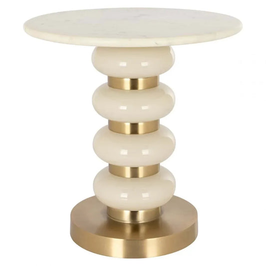 Masuta laterala Rotunda din Marmura Bej si Metal/Sticla Auriu/Alb D46xH45cm Boann