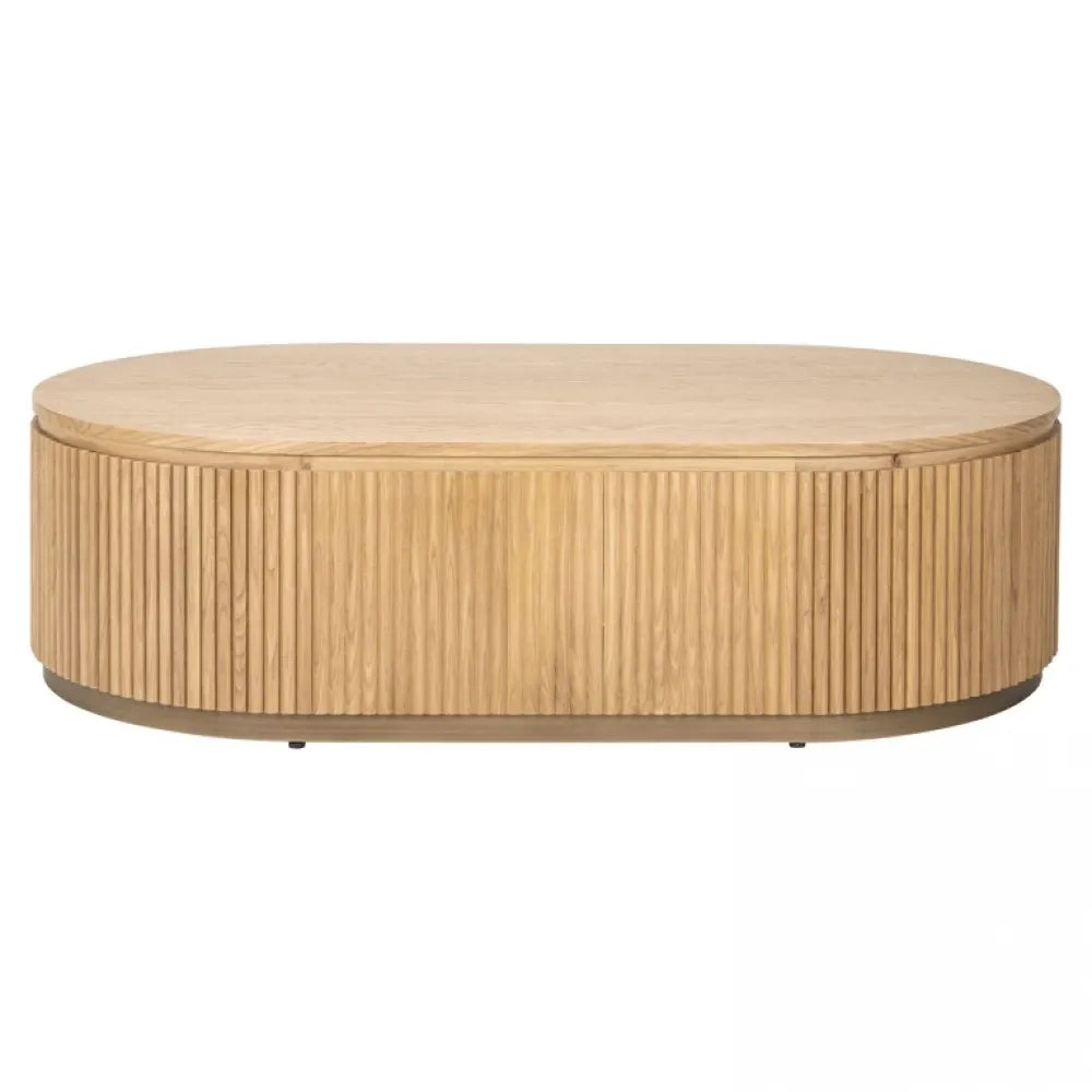Masuta de cafea Ovala din Furnir de stejar Maro deschis si Metal Auriu L140xH38cm Belfort Richmond Interiors