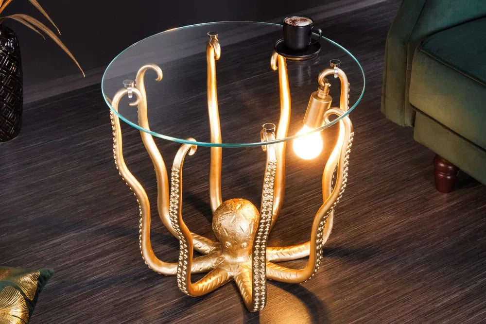 Masuta laterala cu iluminare din Sticla securizata Transparent si Polirasina Auriu L50xH46cm Octopus