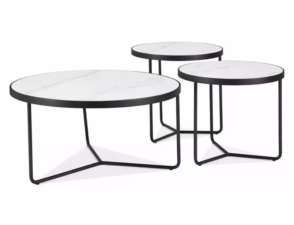 Set 3 masute de cafea din Metal Negru si Ceramica Alb mat D80/50xH40/45/50cm Demeter