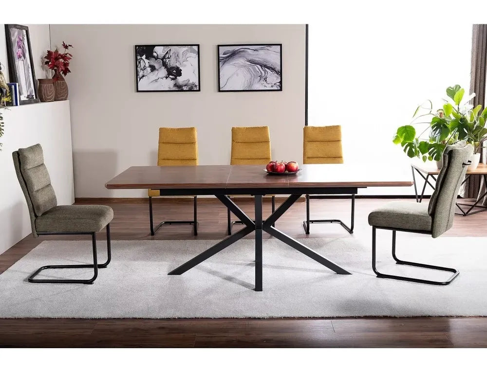 Masa extensibila din MDF+Furnir Maro nuc si Metal Negru L160-200xH75cm Logan