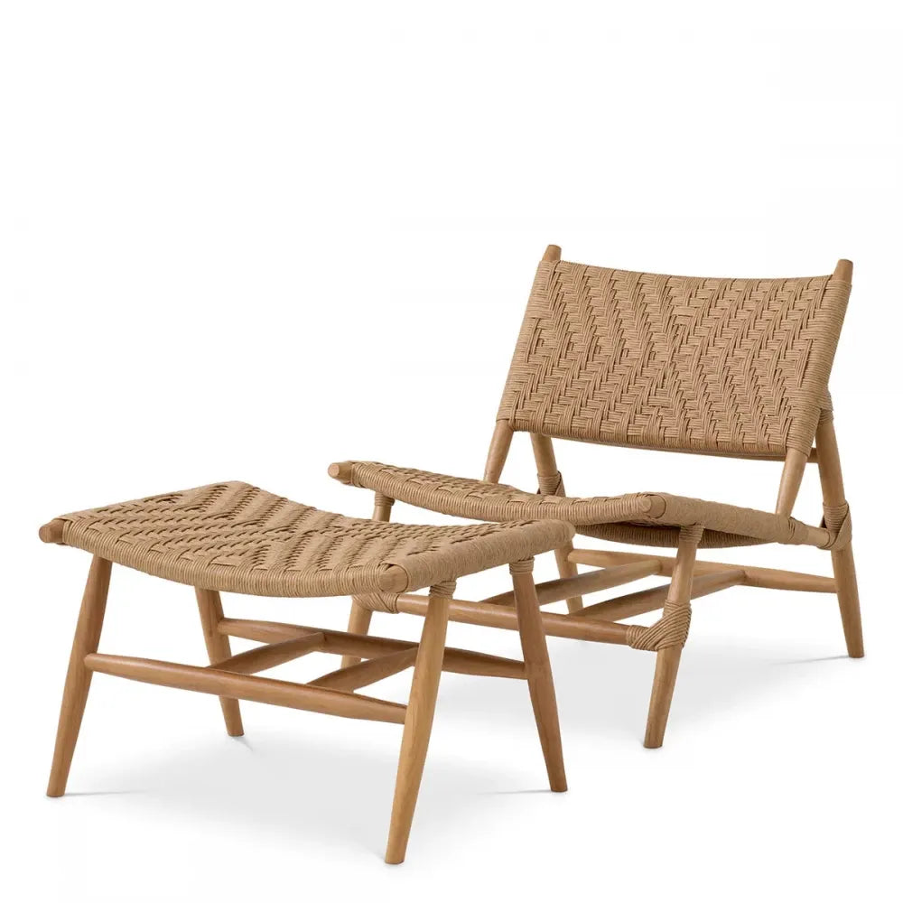 Scaun de exterior cu taburet din Lemn de tec Maro si Polietilena Maro H78.5xL68xA140cm Laroc Eichholtz