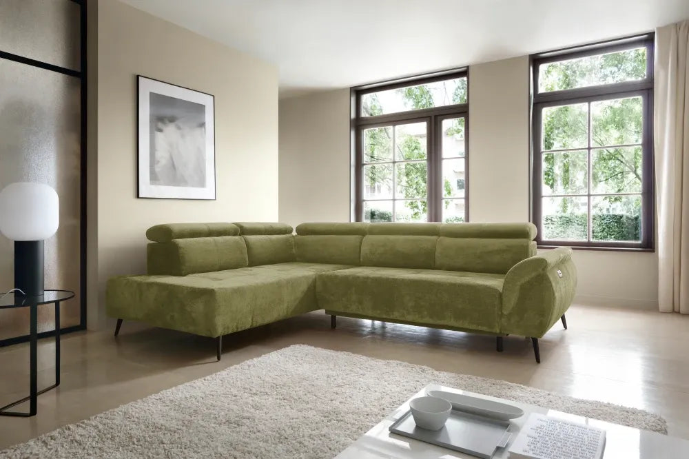 Coltar extensibil electric tapitat cu Chenille Verde cu lada depozitare Genova II