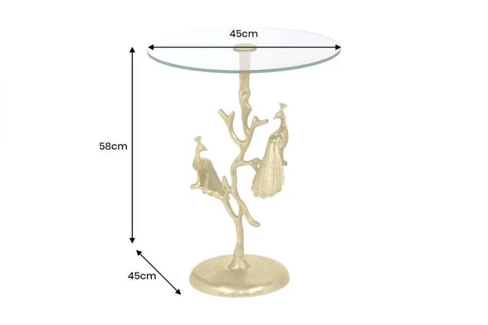 Masuta laterala din Sticla securizata Transparent si Metal Auriu D45xH58cm Wildlife peacock