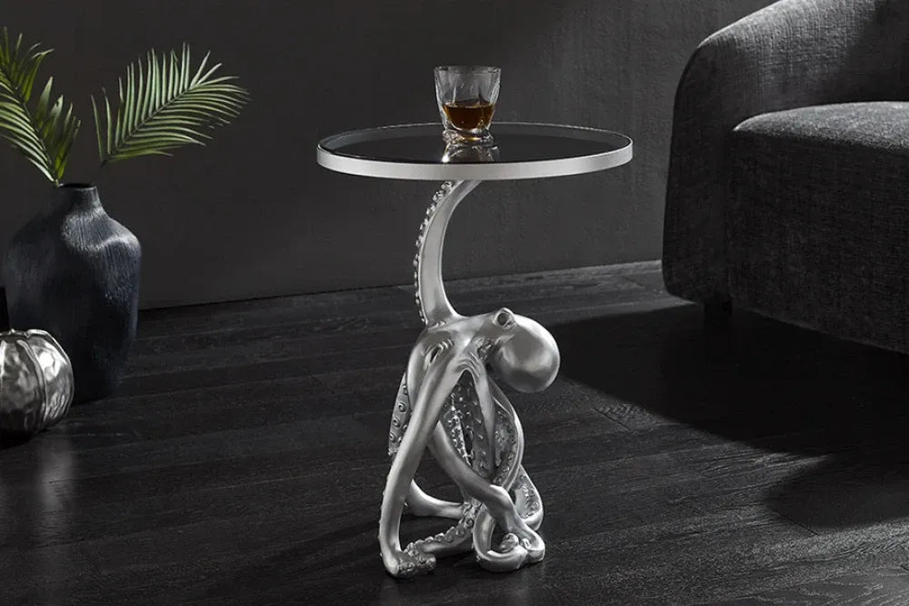 Masuta de cafea cu banda led incorporata din Sticla securizata Transparent si Polirasina Gri L43xH53cm WILDLIFE OCTOPUS