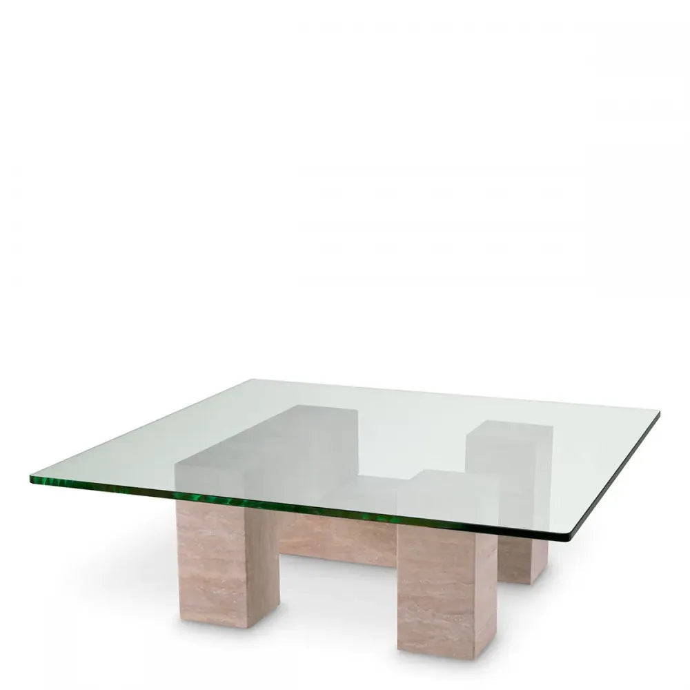 Masuta de cafea Patrata din Travertin Bej si Sticla Transparent L100xl100cm Ikal Eichholtz