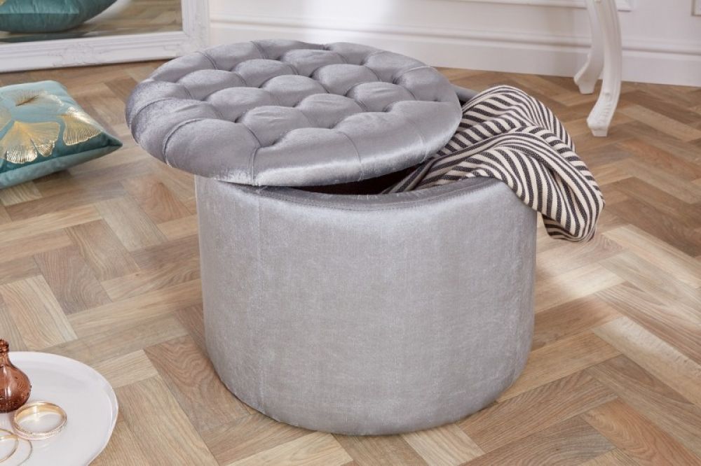 Puf rotund cu spatiu pentru depozitare tapitat cu Catifea Gri D50xH41cm Saft