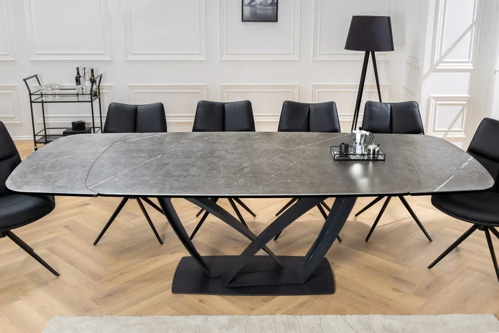 Masa din Sticla securizata/Ceramica Gri cu efect de marmura si Metal Negru L180-220-260xH76cm Papillon