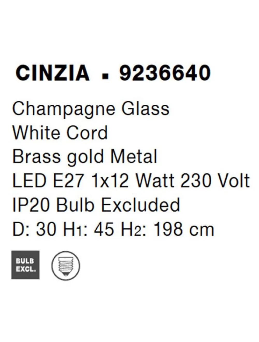 Pendul structura din Metal Auriu si abajur din Sticla Auriu H198xL30cm IP20 CINZIA