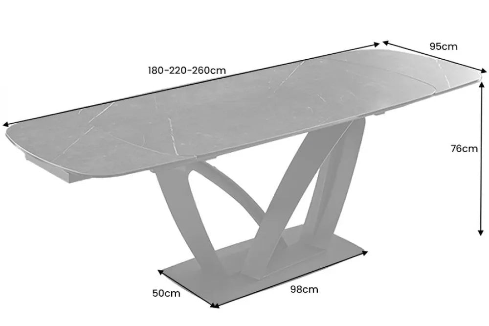 Masa din Sticla securizata/Ceramica Gri cu efect de marmura si Metal Negru L180-220-260xH76cm Papillon