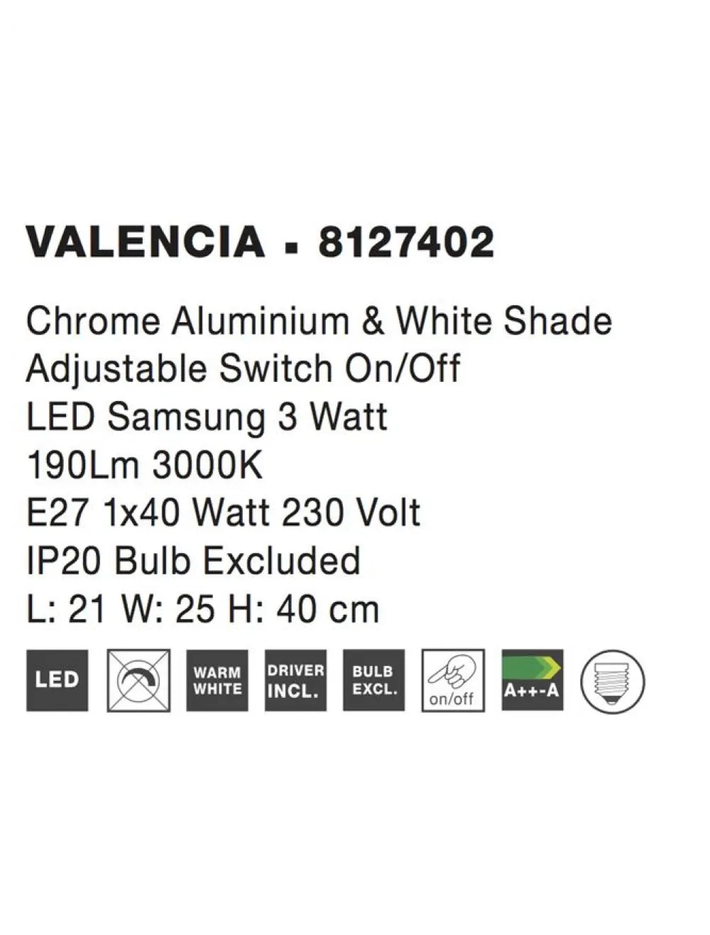 Aplica de perete structura din Aluminiu Argintiu si abajur din Textil Alb H40xL21cm IP20 3W 190lm 3000k VALENCIA