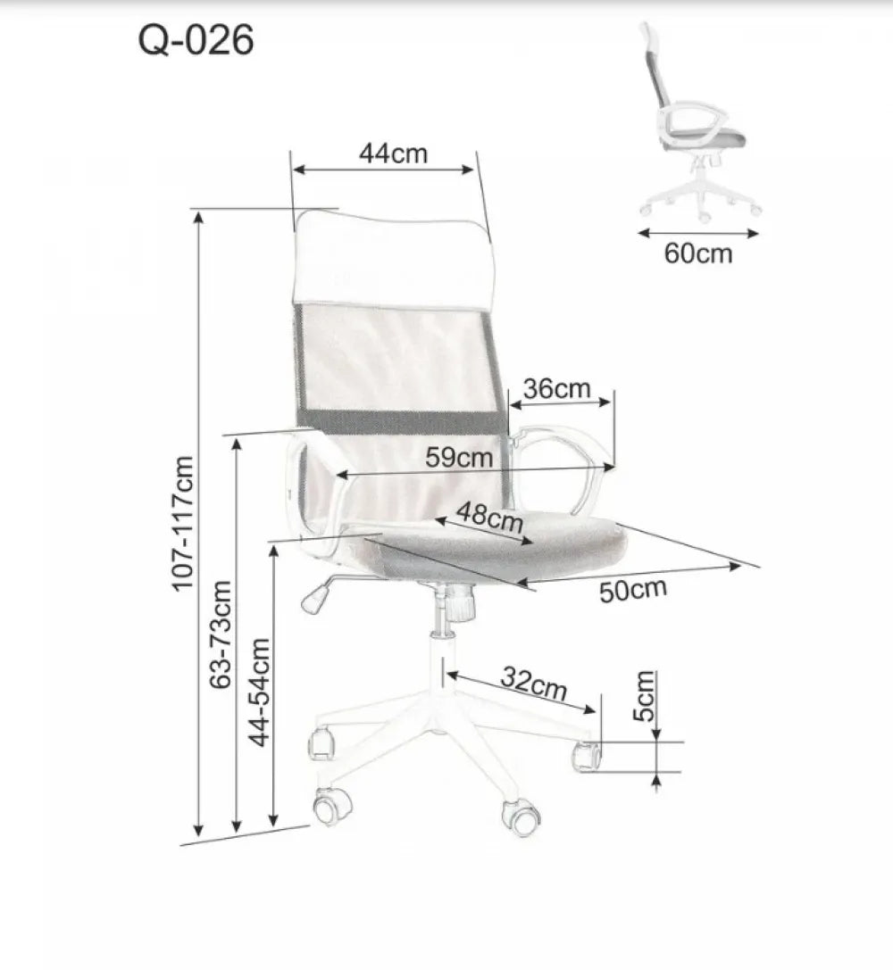 Scaun de birou cu inaltime reglabila tapitat cu Stofa/plasa Gri cu picioare din Plastic Gri H107-117xL59xA48cm Q-026