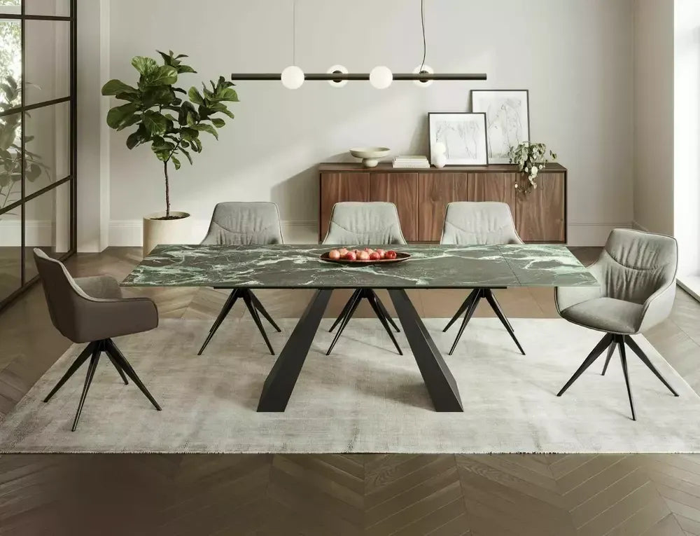 Masa Dreptunghiulara de 12 persoane din Sticla securizata+Ceramica Verde Alpi si Metal Negru mat L160-240xH77cm Salvadore