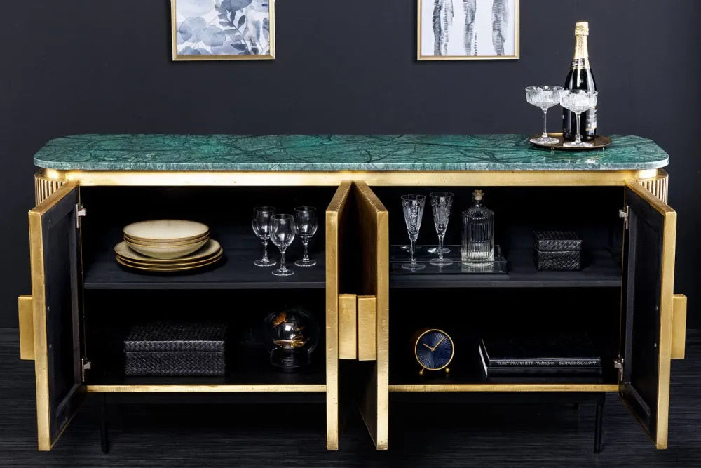 Comoda din Marmura Verde si Lemn de mango placat cu metal Alama L160xH79cm VENEZIANO