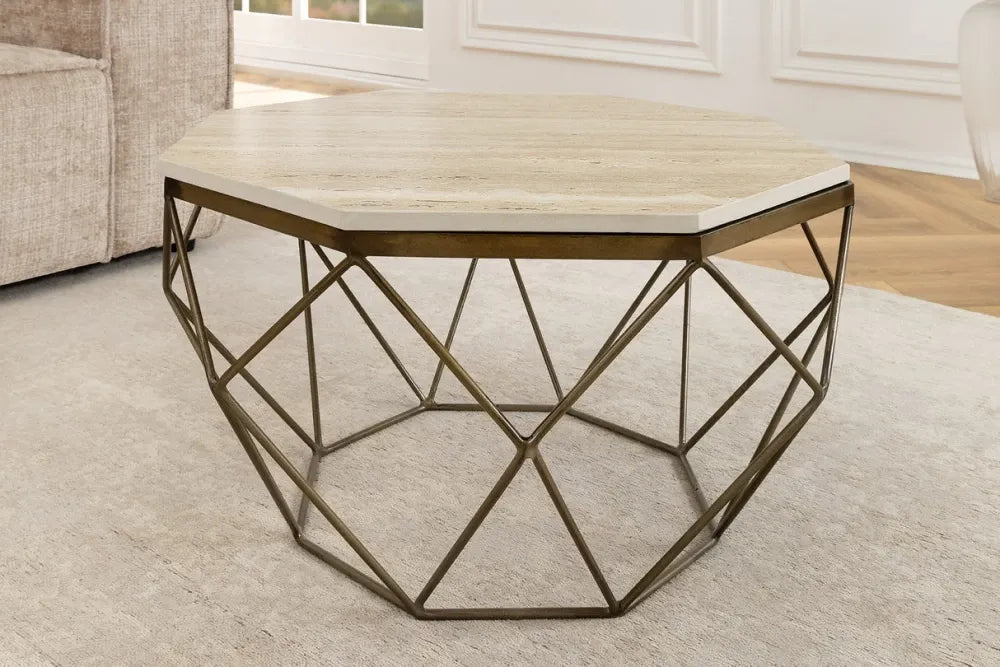 Masuta de cafea din Travertin Bej si Metal Alama L70xH38cm Diamond