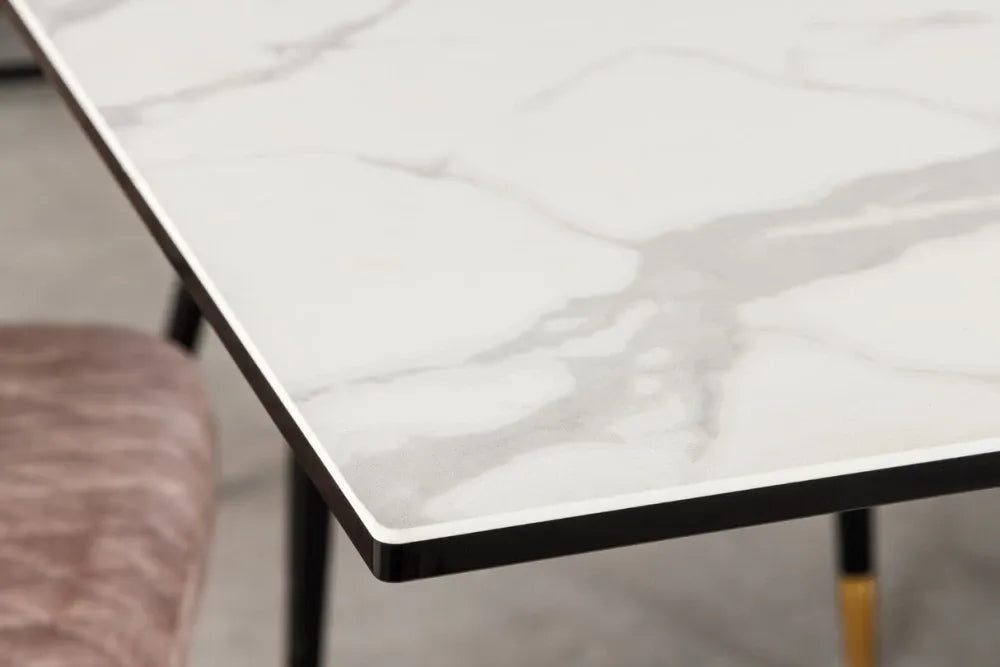 Masa din Sticla securizata/Ceramica Alb cu efect de marmura si Metal Negru L180-220-260xH76cm Marvelous