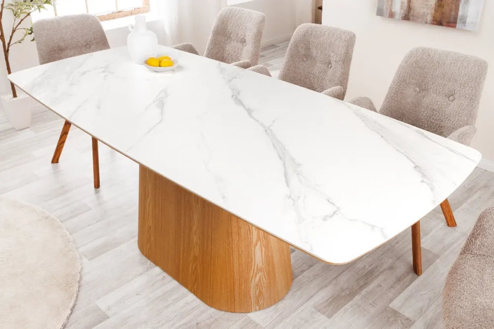 Masa din Ceramica Alb cu efect de marmura si Furnir de stejar Maro L200xH76cm Unique