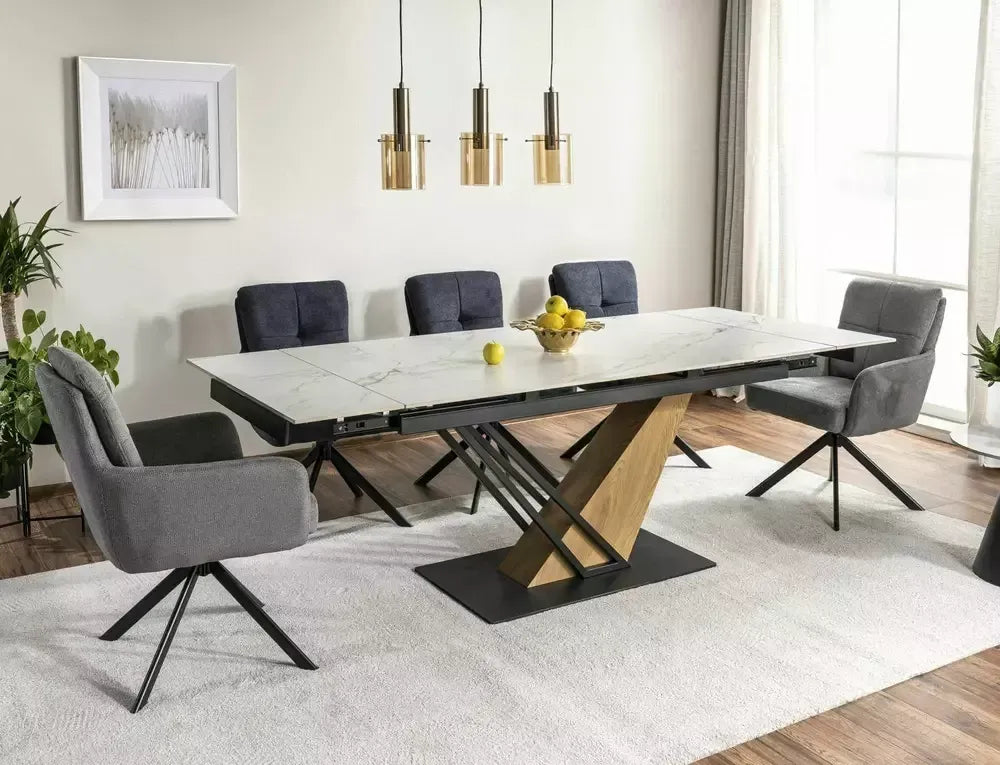 Masa Extensibila de 12 persoane din Ceramica Alb mat cu efect de marmura si Metal+MDF Negru/Maro L180-240xH75cm Genesis