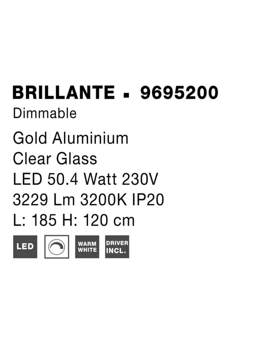 Candelabru structura din Aluminiu Auriu si abajur din Sticla Transparent H200xL51cm IP20 49W 3256lm 3200k BRILLANTE