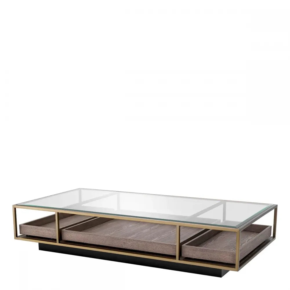 Masuta de cafea Dreptunghiulara din Otel inoxidabil/Furnir de stejar Alama/Maro si Sticla Transparent L180xl90cm Roxton Eichholtz