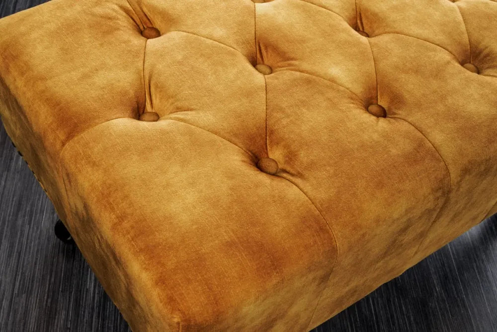 Puf din Lemn de pin Maro inchis si Catifea Galben H40xL80cm Chesterfield