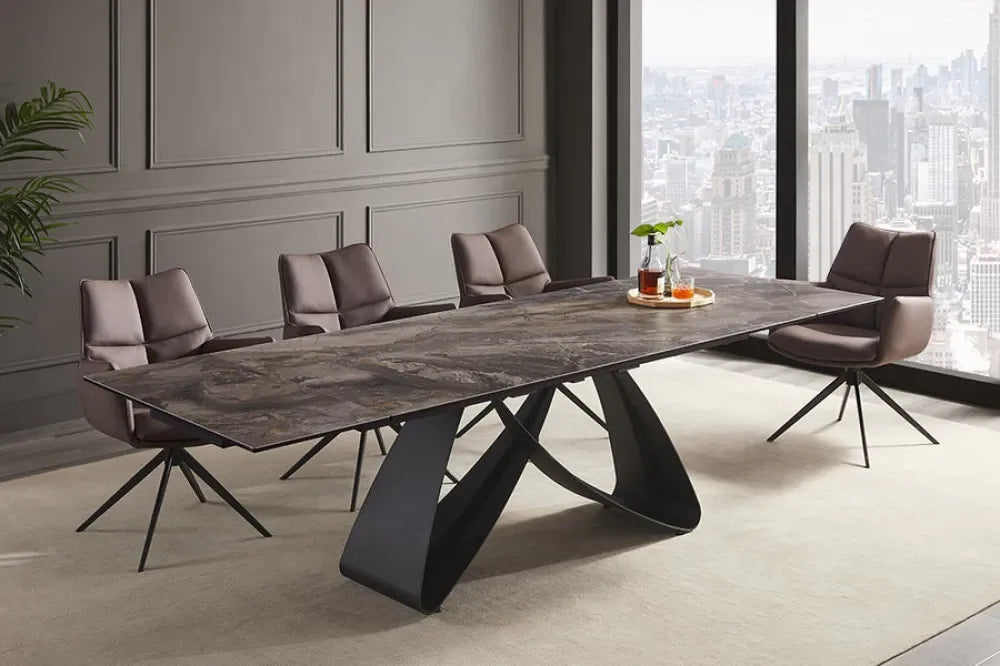 Masa din Sticla securizata/Ceramica Maro taupe si Metal Negru L180-220-260xH76cm Infinity