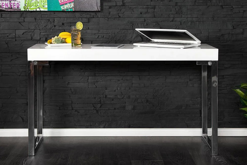 Birou din MDF Alb lucios si Metal Argintiu L120xH75cm White