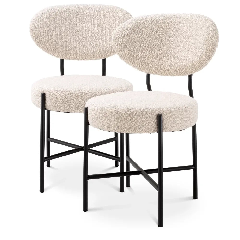 Set 2 scaune tapitat cu Stofa boucle Crem cu picioare din Metal Negru H83.5xL53xA59cm Vicq Eichholtz
