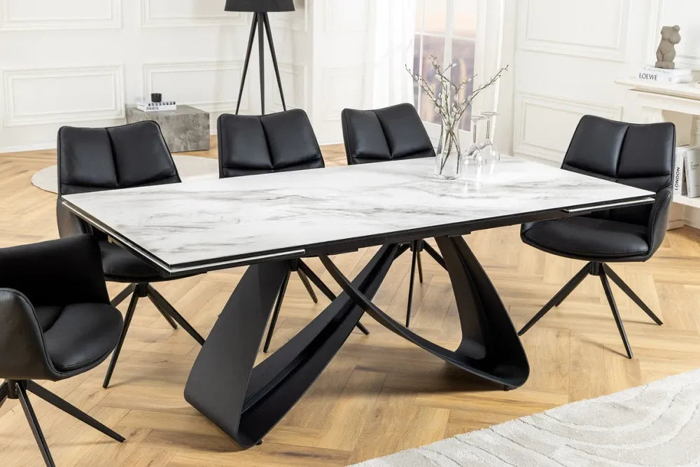 Masa din Sticla securizata/Ceramica Alb cu efect de marmura si Metal Negru L180-220-260xH76cm Infinity