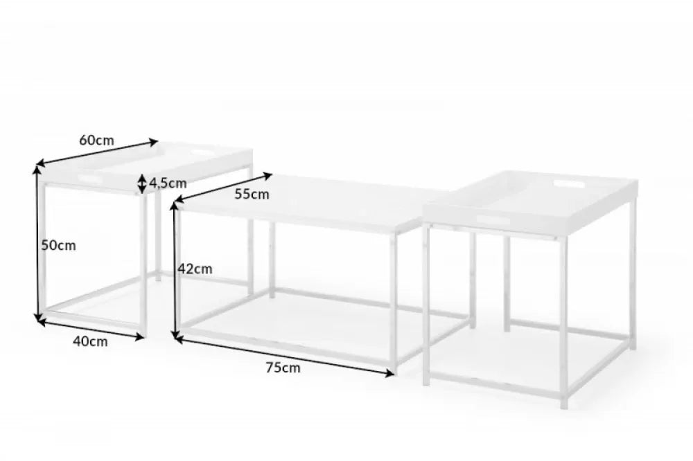 Set 3 masute de cafea Dreptunghiulare din MDF Alb si Metal Argintiu L60/75xH42/50cm Elements